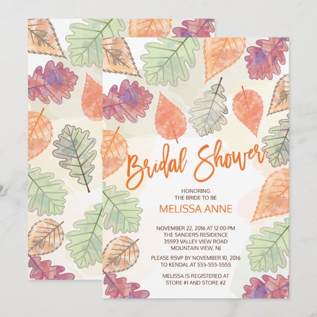 Watercolor Falling Leaves Bridal Shower Invitation (Front/Back)
