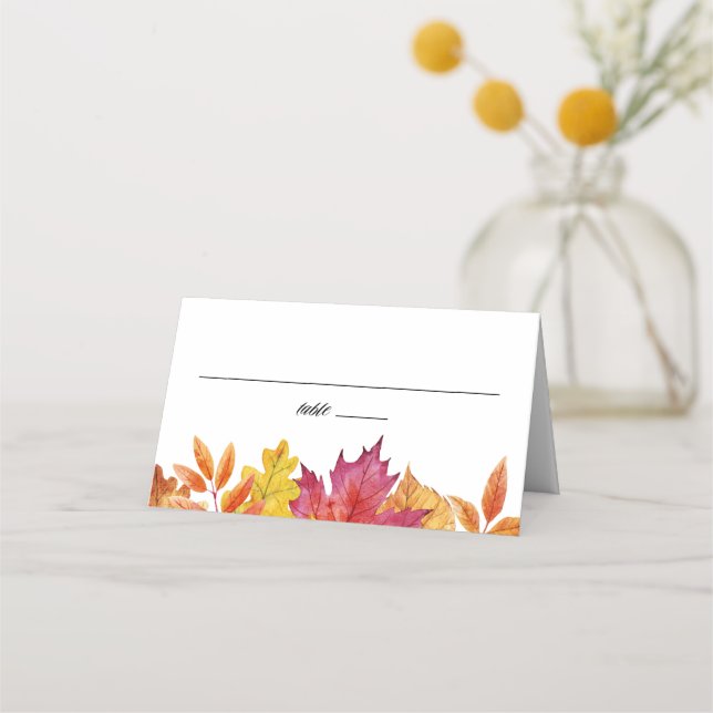 Watercolor Falling Leaves Garland Autumn Wedding Place Card (Front)