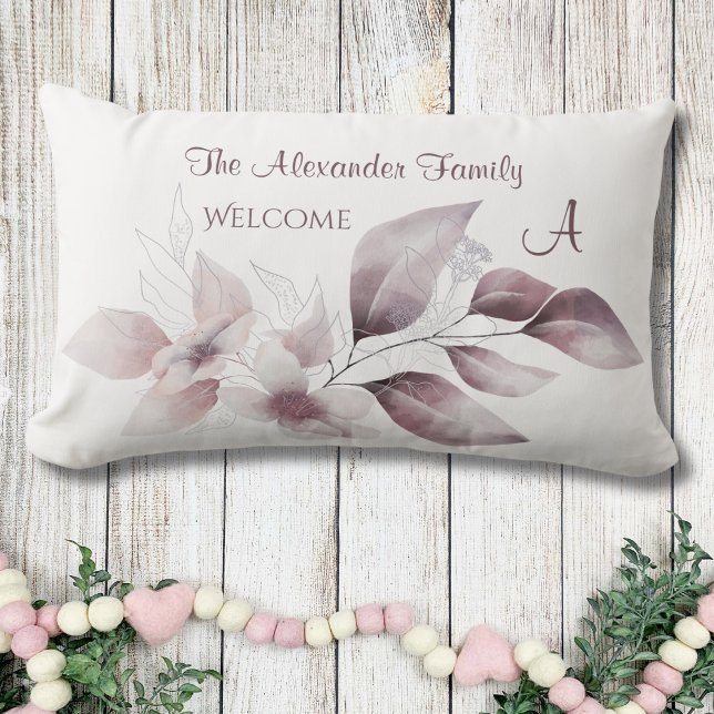 Watercolor Family Name & Initial Botanical Welcome Lumbar Cushion (Monogram Family Last Name and Initial Elegant Welcome Porch Lumbar Pillow)