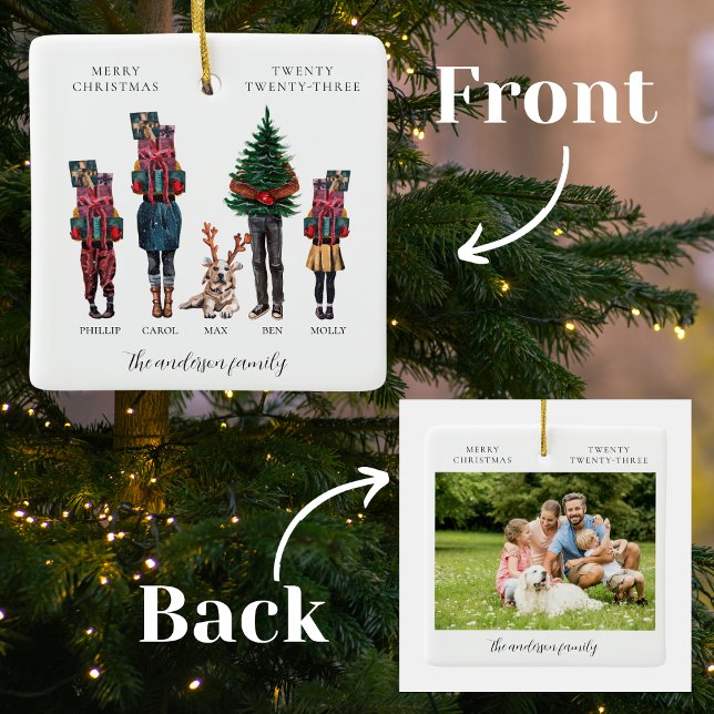 Watercolor Family One Photo Christmas Ceramic Ornament (Creator Uploaded)