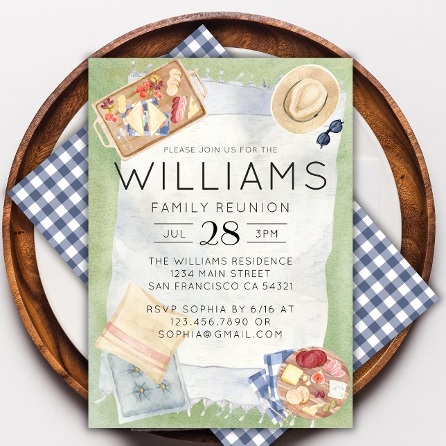 Watercolor Family Reunion Picnic Blue Gingham Invitation (Creator Uploaded)