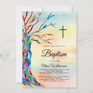 Watercolor Family Tree Baptism Christening Invitation