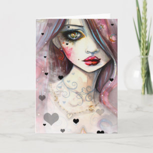 Watercolor Fantasy Art Girl and Hearts Card