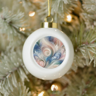 Watercolor Fantasy Floral Pastel Blue & Cream Ceramic Ball Christmas Ornament