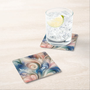 Watercolor Fantasy Floral Pastel Blue & Cream  Square Paper Coaster