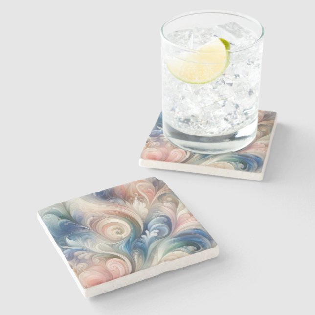 Watercolor Fantasy Floral Pastel Blue & Cream  Stone Coaster (Side)