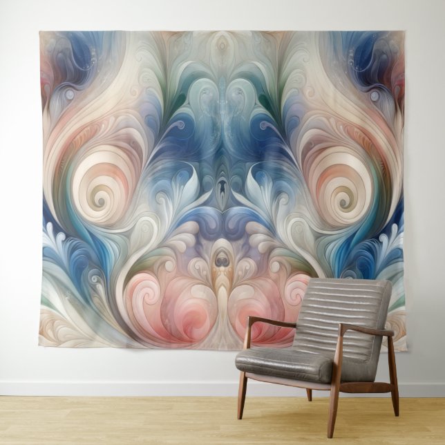 Watercolor Fantasy Floral Pastel Blue & Cream  Tapestry (In Situ (Horizontal))