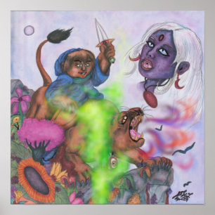 Watercolor Fantasy Love Eros riding Lioness Lion Poster