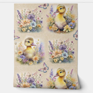 Watercolor Farm Animal Baby Duck Floral Butterfly Wallpaper