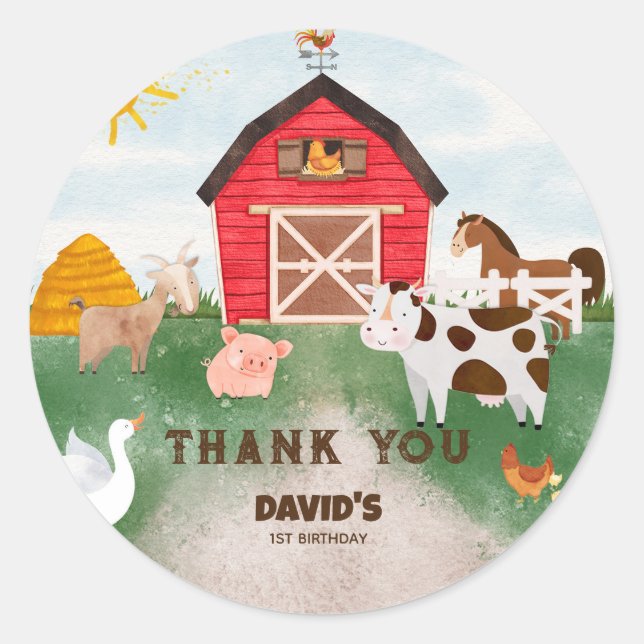 Watercolor Farm animal birthday Classic Round Sticker (Front)
