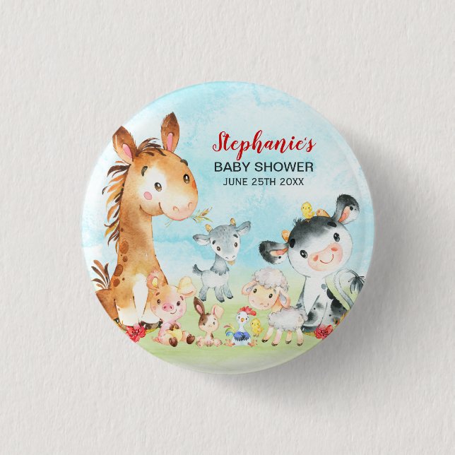 Watercolor Farm Animals Baby Shower 3 Cm Round Badge (Front)