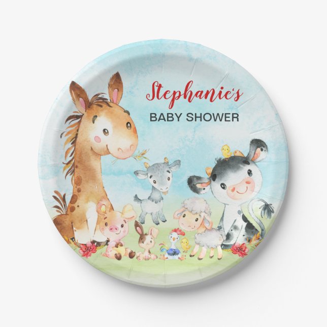 Watercolor Farm Animals Baby Shower Paper Plate (Front)