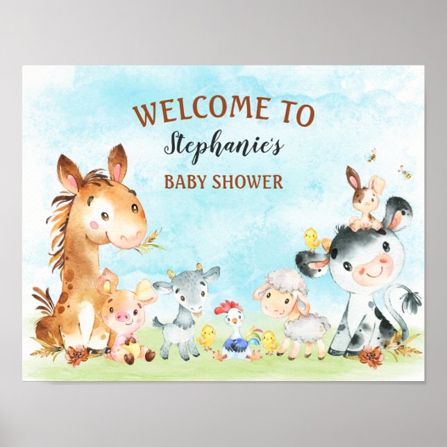 Watercolor Farm Animals Baby Shower Poster (Front)