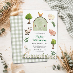 Watercolor Farm Animals Barn 10th Birthday Party Invitation