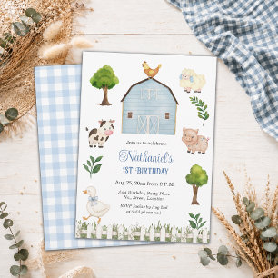 Watercolor Farm Animals Barn 1st Birthday Party Invitation
