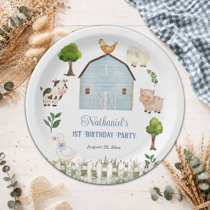 Watercolor Farm Animals Barn 1st Birthday Party Paper Plate