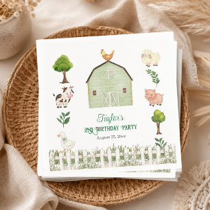 Watercolor Farm Animals Barn 2nd Birthday Party Napkin