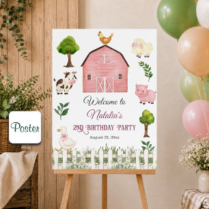 Watercolor Farm Animals Barn 2nd Birthday Party Poster