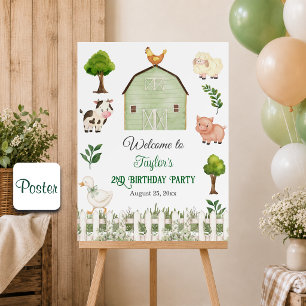 Watercolor Farm Animals Barn 2nd Birthday Party Poster