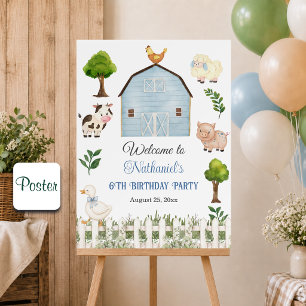 Watercolor Farm Animals Barn 6th Birthday Party Poster