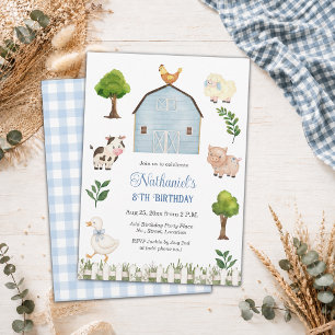 Watercolor Farm Animals Barn 8th Birthday Party Invitation