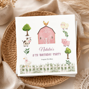 Watercolor Farm Animals Barn 8th Birthday Party Napkin