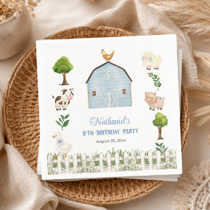 Watercolor Farm Animals Barn 8th Birthday Party Napkin