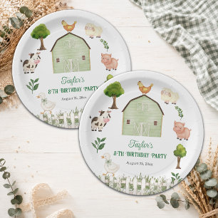 Watercolor Farm Animals Barn 8th Birthday Party Paper Plate