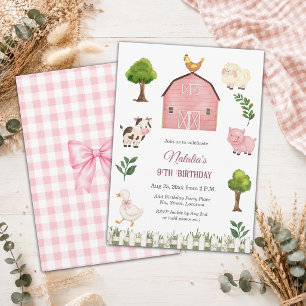 Watercolor Farm Animals Barn 9th Birthday Party Invitation