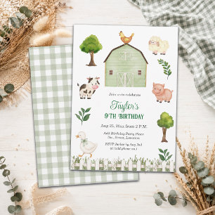 Watercolor Farm Animals Barn 9th Birthday Party Invitation