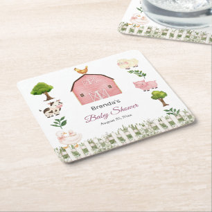 Watercolor Farm Animals Barnyard Baby Shower Square Paper Coaster