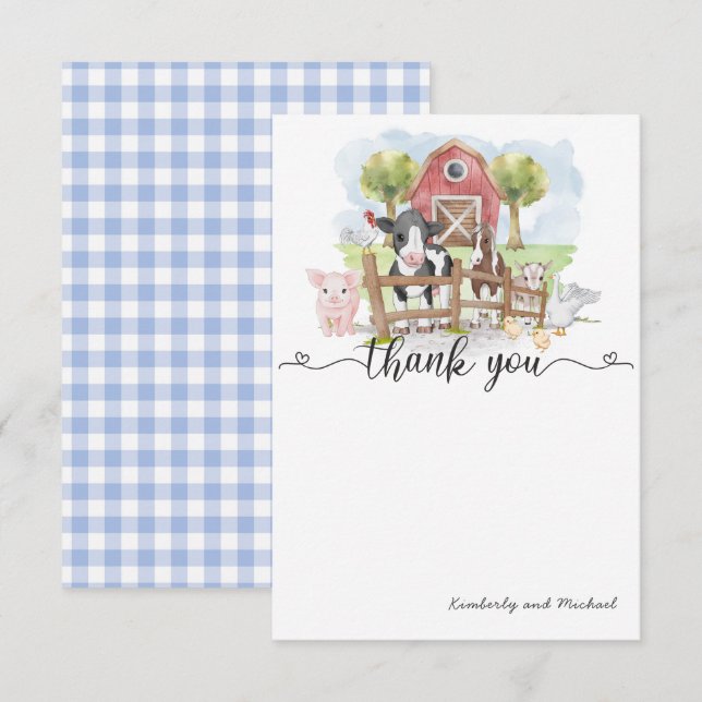 Watercolor Farm Animals Birthday | Baby Shower Thank You Card (Front/Back)