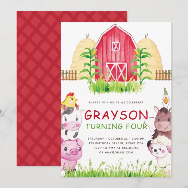 Watercolor Farm Animals Birthday Invitation (Front/Back)