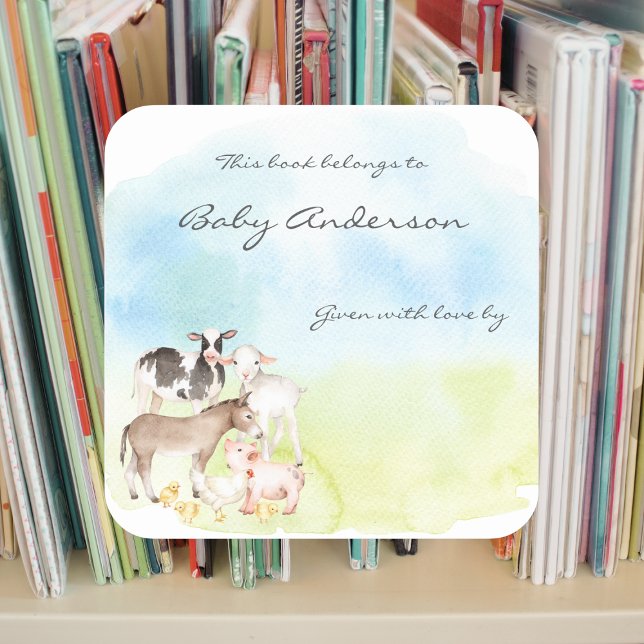 Watercolor Farm Animals Bookplate Square Sticker (Creator Uploaded)