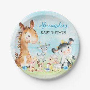 Watercolor Farm Animals Boy Baby Shower Paper Plate