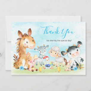 Watercolor Farm Animals Boy Thank You Card