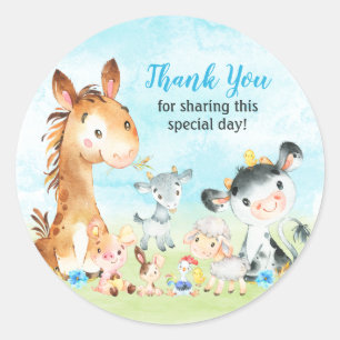 Watercolor Farm Animals Boy Thank You Classic Round Sticker