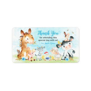 Watercolor Farm Animals Boy Thank You Label