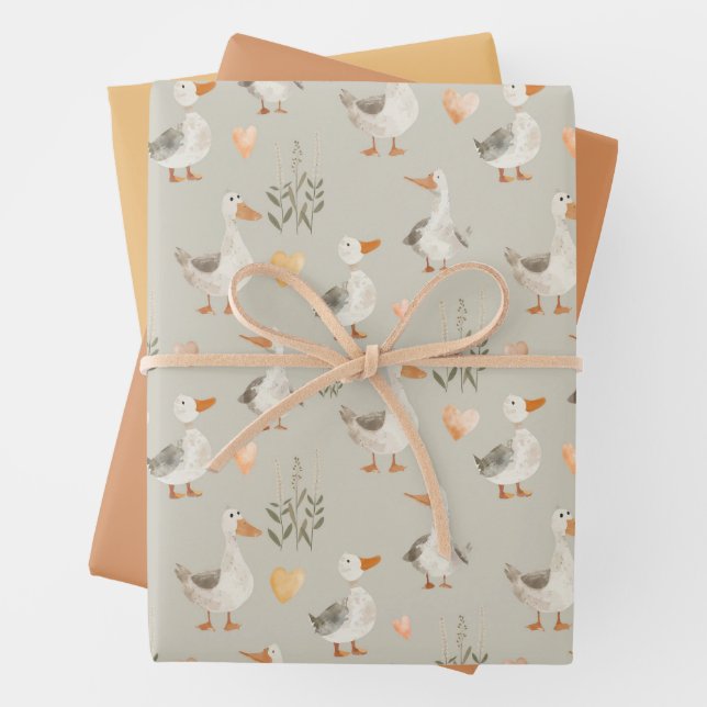 Watercolor Farm Animals Geese Wrapping Paper Sheet (In situ)