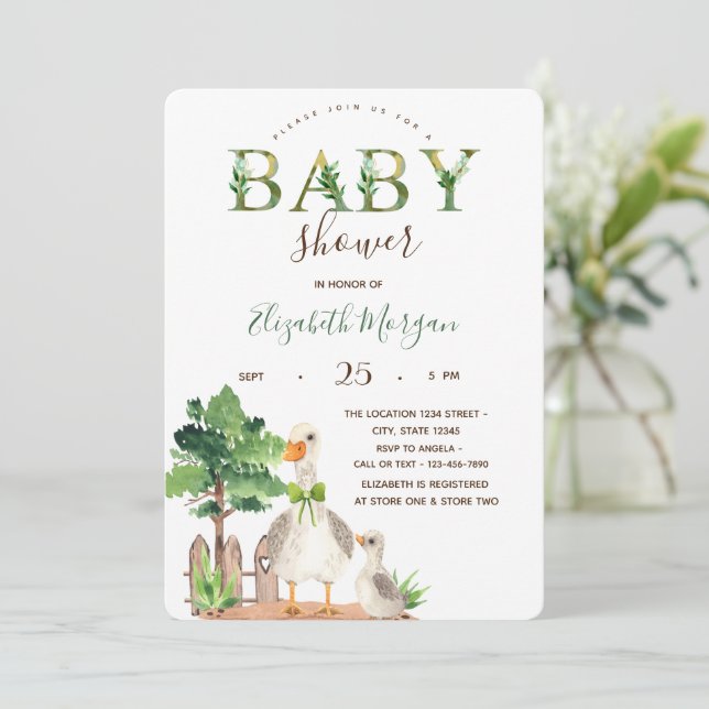 Watercolor Farm Animals Goose Baby Shower  Invitation (Standing Front)