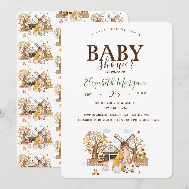 Watercolor Farm Animals Stall Baby Shower  Invitation (Front/Back)