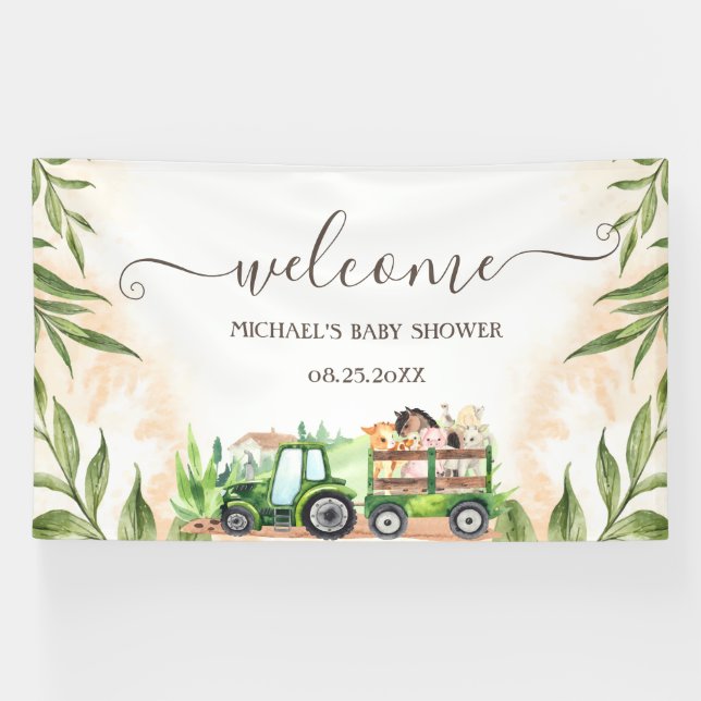 Watercolor Farm Animals Tractor Baby Shower Banner (Horizontal)