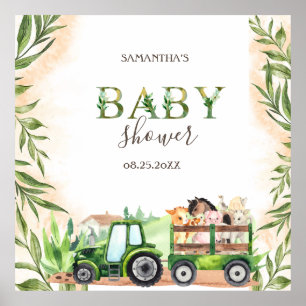 Watercolor Farm Animals Tractor Baby Shower Poster