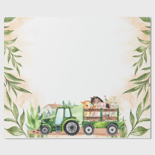 Watercolor Farm Animals Tractor Wrapping Paper (Flat)