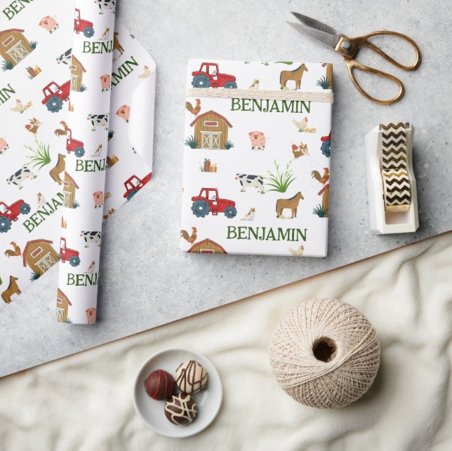 Watercolor Farm Birthday Animals Custom Name Wrapping Paper (Crafts)