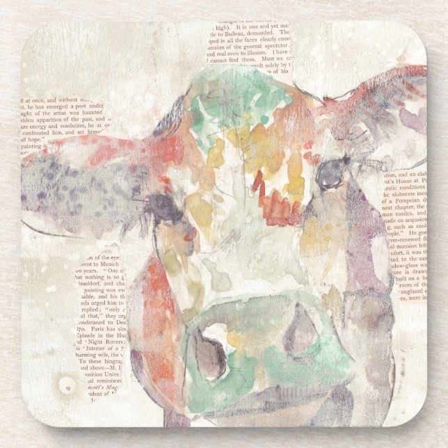 Watercolor Farm Collage Cow Coaster (Front)