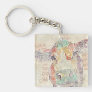 Watercolor Farm Collage Cow Key Ring