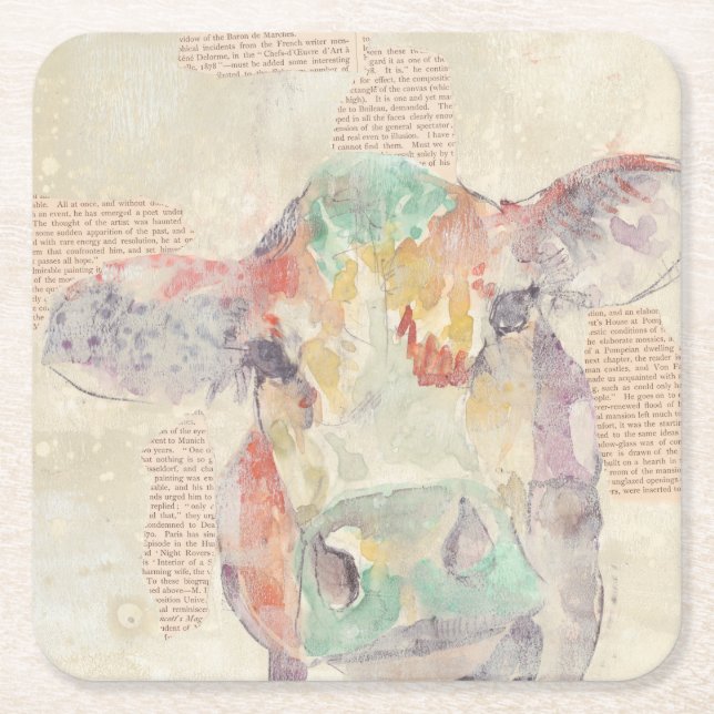 Watercolor Farm Collage Cow Square Paper Coaster (Front)
