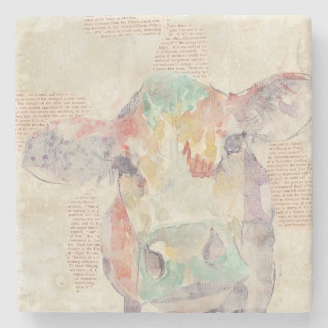 Watercolor Farm Collage Cow Stone Coaster (Front)