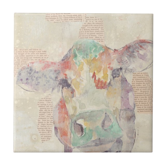 Watercolor Farm Collage Cow Tile (Front)